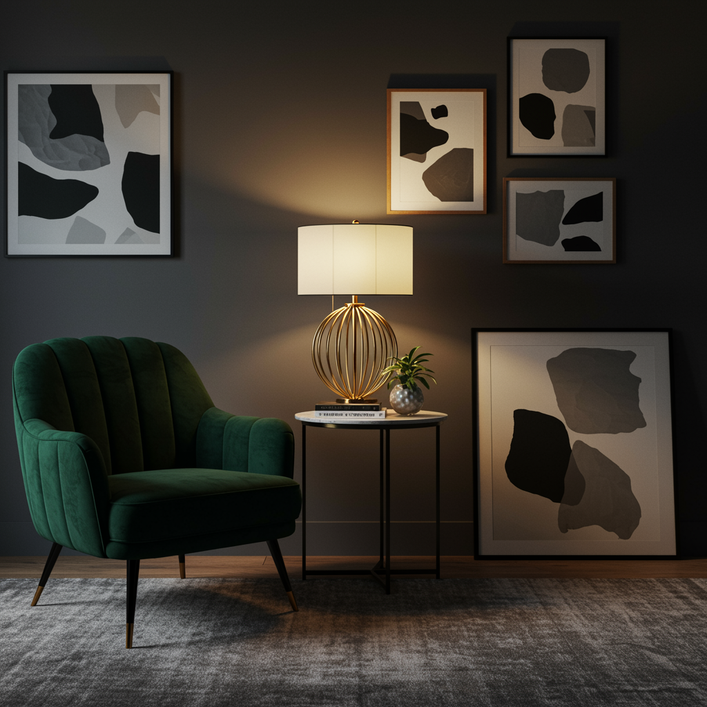 imagen1 "Decoración de sala de estar sofisticada con silla de terciopelo esmeralda, mesa de mármol y pared de galería de arte abstracto, iluminada con luz cálida."