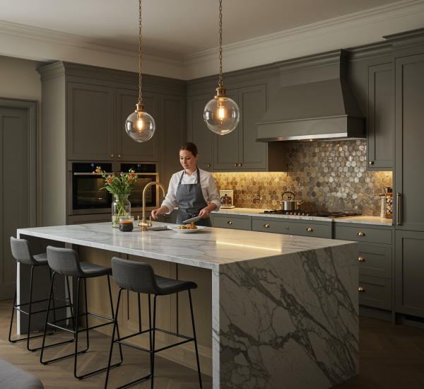 imagen2 "Imagen de una cocina de lujo con isla de mármol, electrodomésticos inteligentes y una chef blanca emplatando platos gourmet, destacando el diseño moderno y materiales premium."