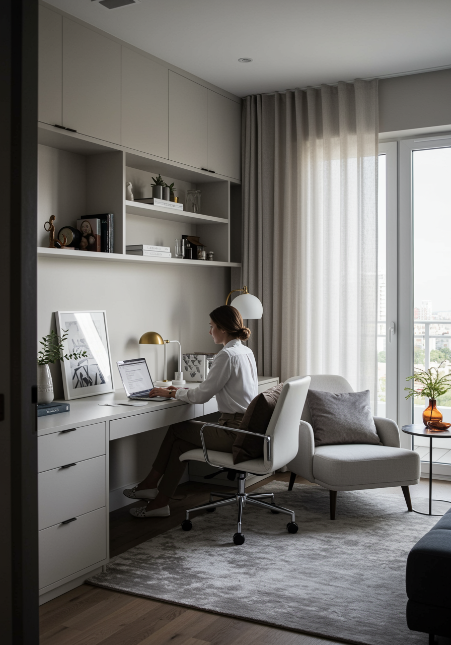 imagen3 "Oficina en casa elegante y funcional con área de descanso, escritorio blanco y luz natural, ideal para profesionales jóvenes."