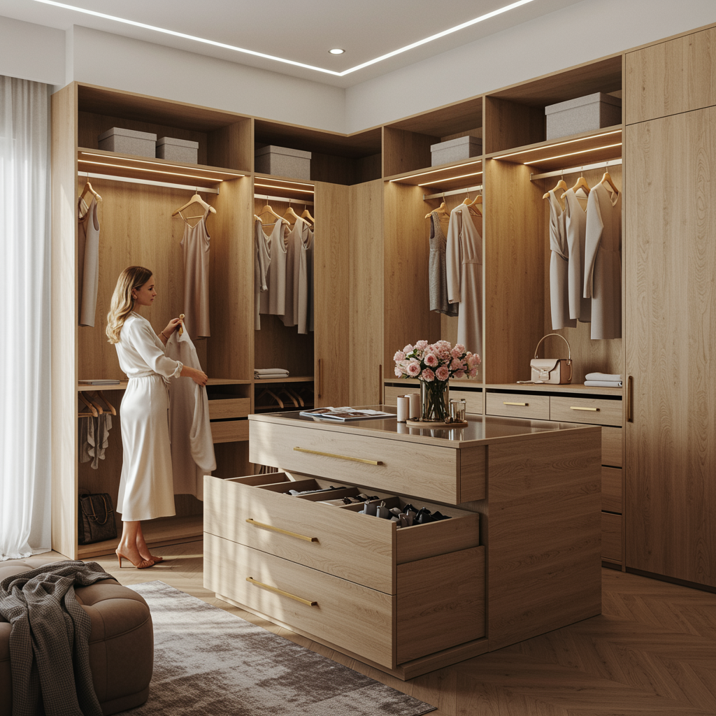 "Renderizado hiperrealista de un vestidor personalizado de Look By Home, con paneles de roble claro, puertas lacadas blancas y una mujer eligiendo un vestido, destacando el diseño funcional y elegante."