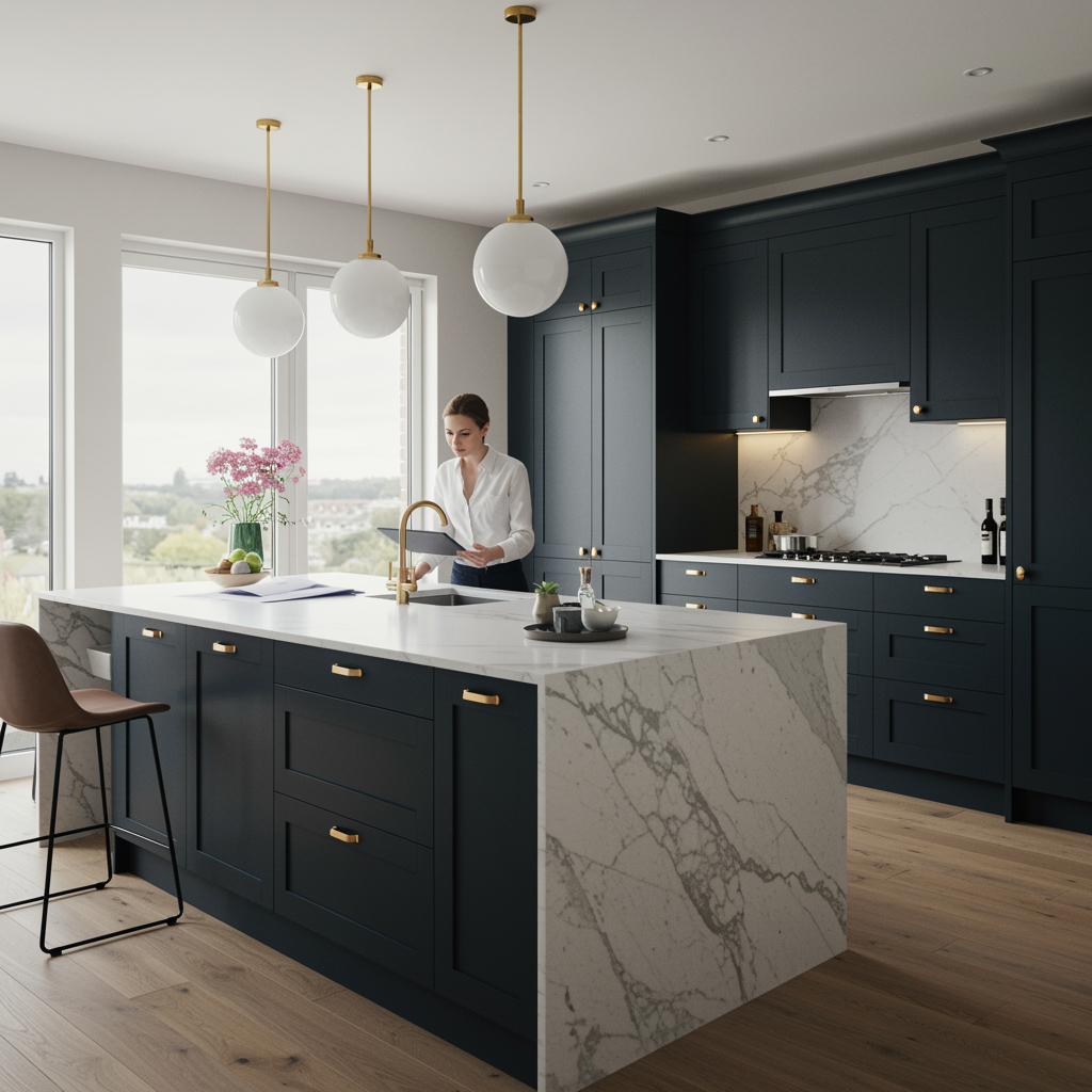 "Render hiperrealista de una cocina de lujo por LOOK BY HOME, con isla central de mármol Calacatta, mobiliario negro mate, iluminación LED y una diseñadora de interiores revisando planos digitales."