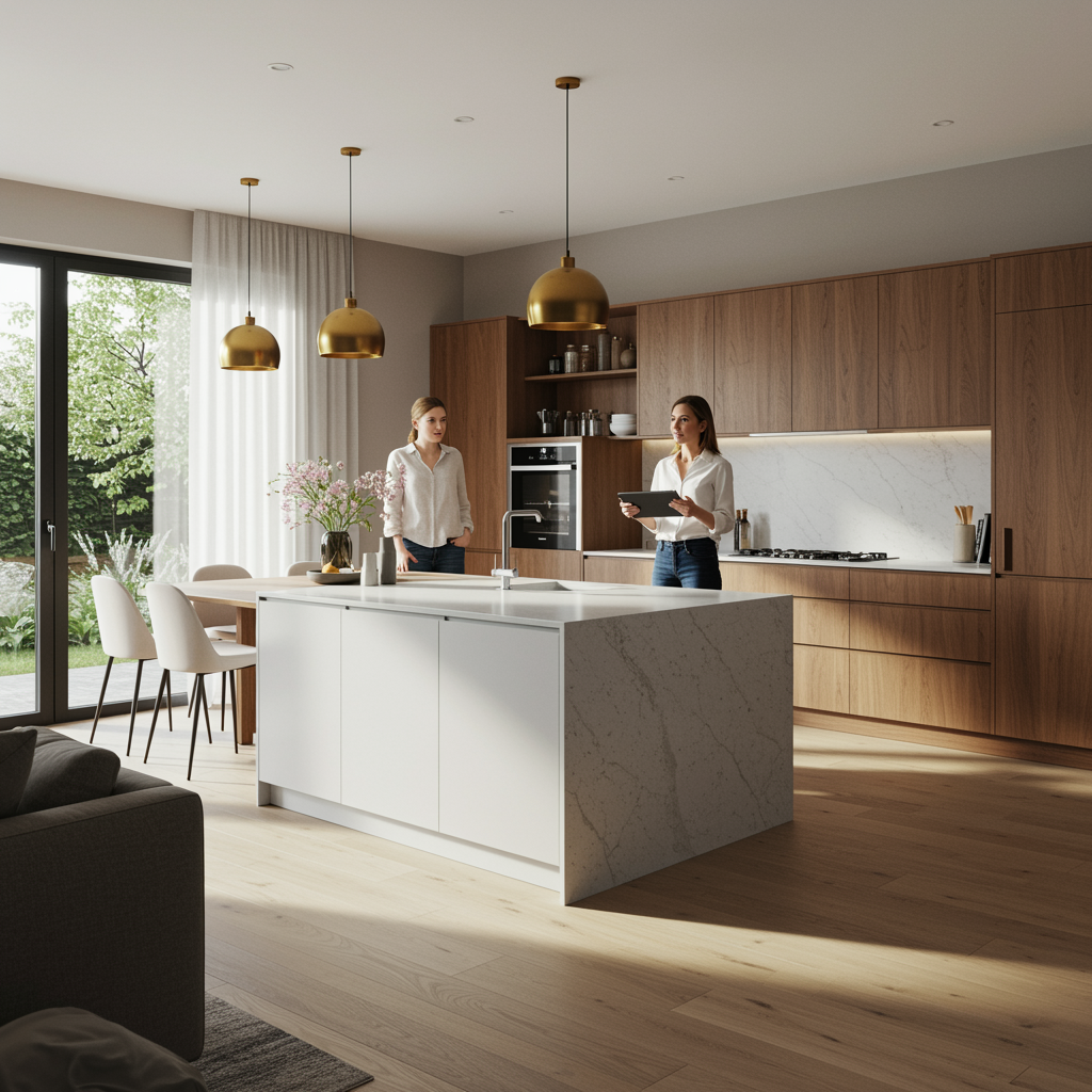 "Interior de cocina de lujo con isla blanca y muebles de nogal diseñados por Look By Home, con un acogedor salón, iluminación de bronce cepillado y vistas a un jardín."