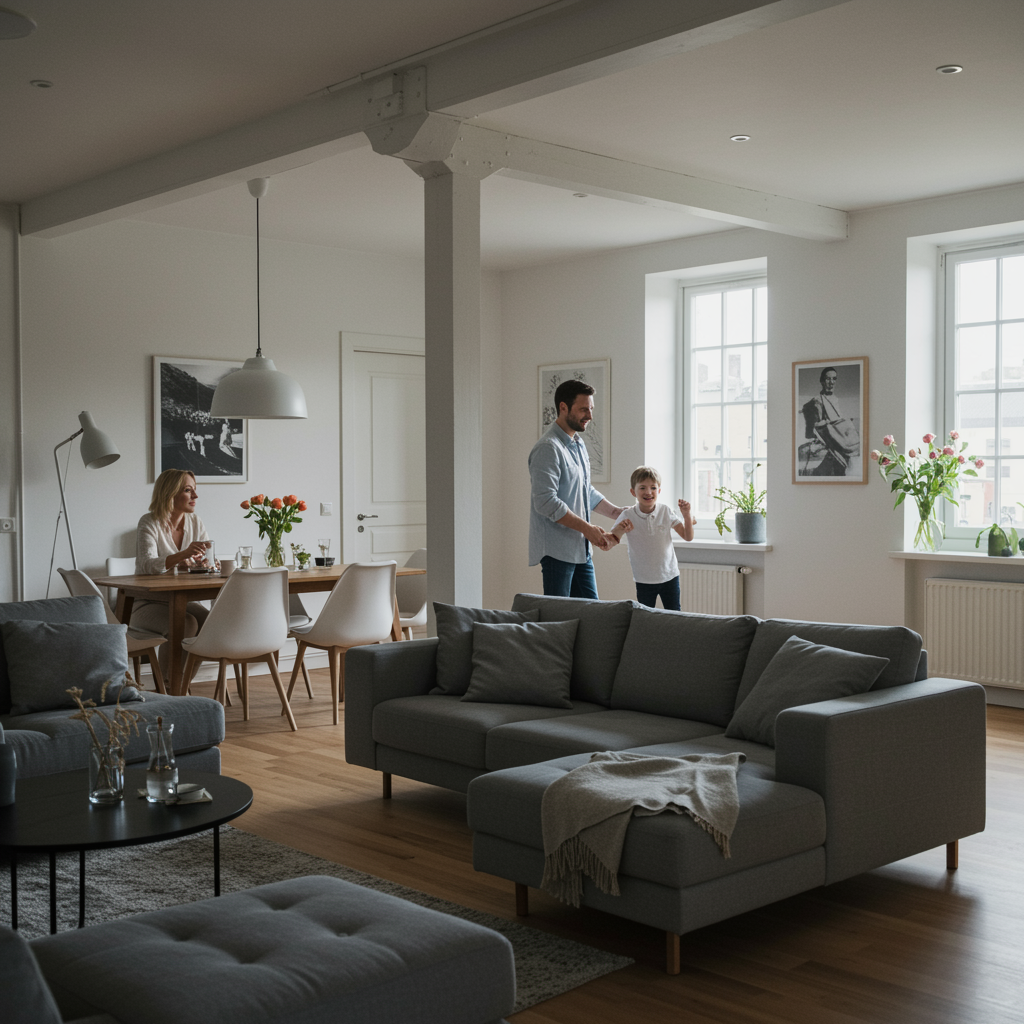 imagen5 "Loft moderno y luminoso con sala y comedor integrados, decoración minimalista y familia disfrutando de un ambiente acogedor."