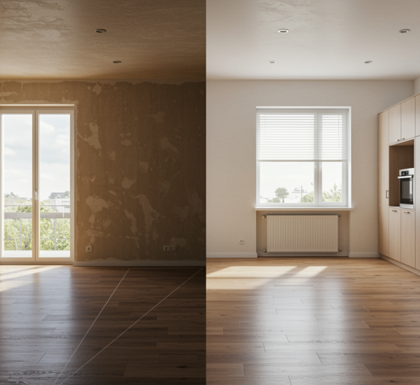 slider "Renderizado arquitectónico hiperrealista que muestra la renovación de un hogar contemporáneo con un antes y después, destacando un interior moderno y elegante."